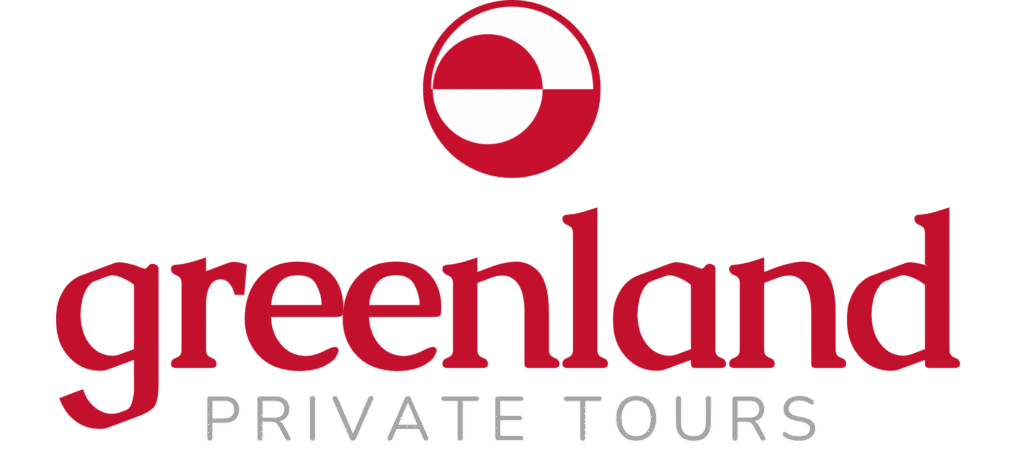 Red and white logo of Greenland Private Tours with a stylized lettering and circular emblem on a transparent background, promoting custom tourism services in Greenland.